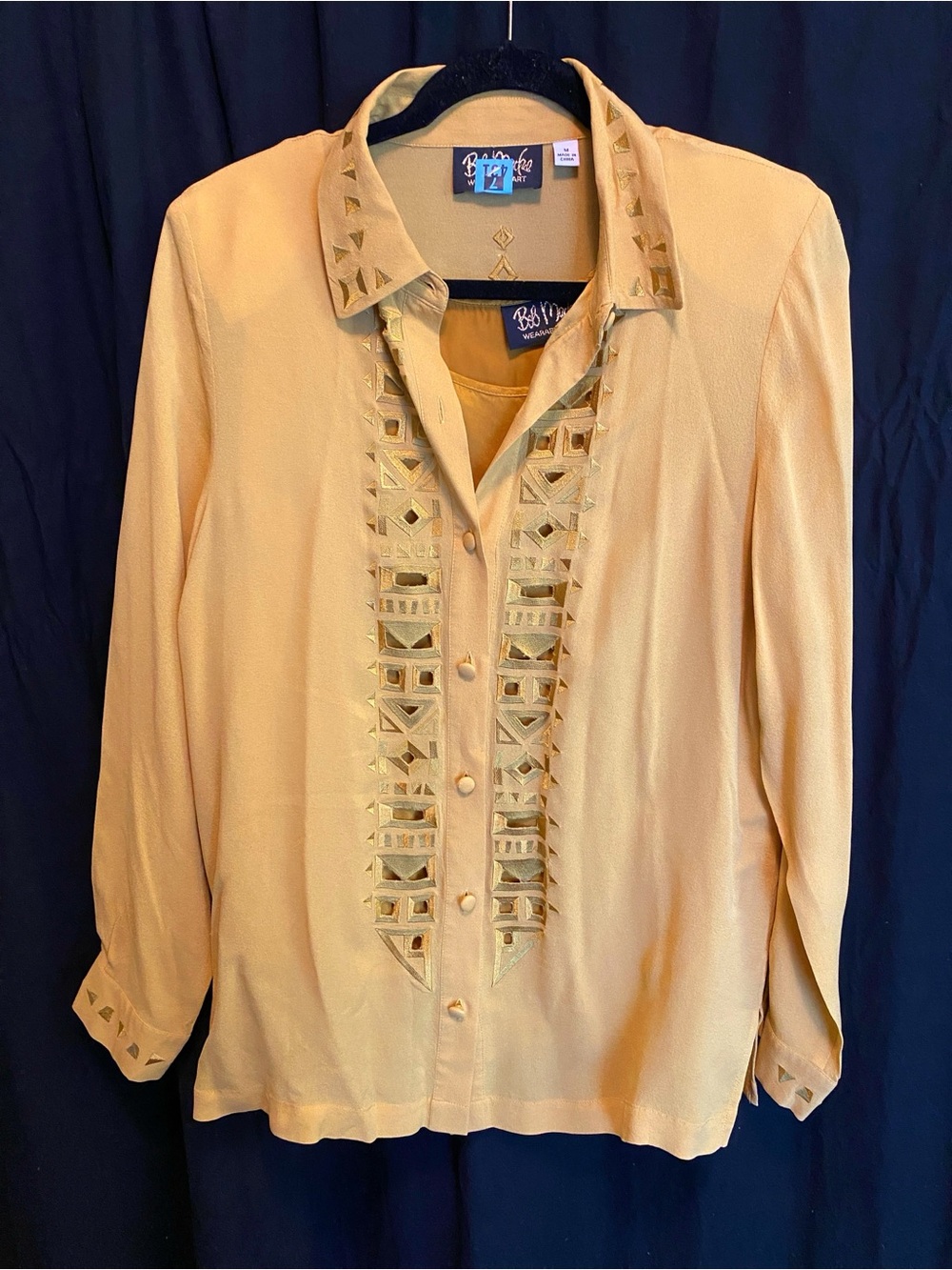 Bob Mackie Bronze Beige Embellished Cut-out Button-Front Silk Blouse
